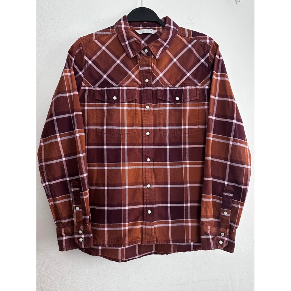 Stio Womens Organic Cotton Flannel Western Pearl Snap Plaid Shirt Rust Brown M